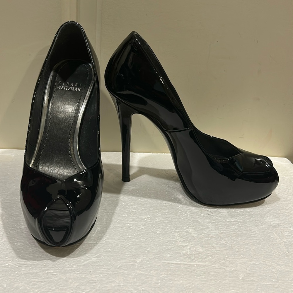 Stuart Weitzman women’s Patent Leather Peep open Toe Pumps heels stilettos 6.5